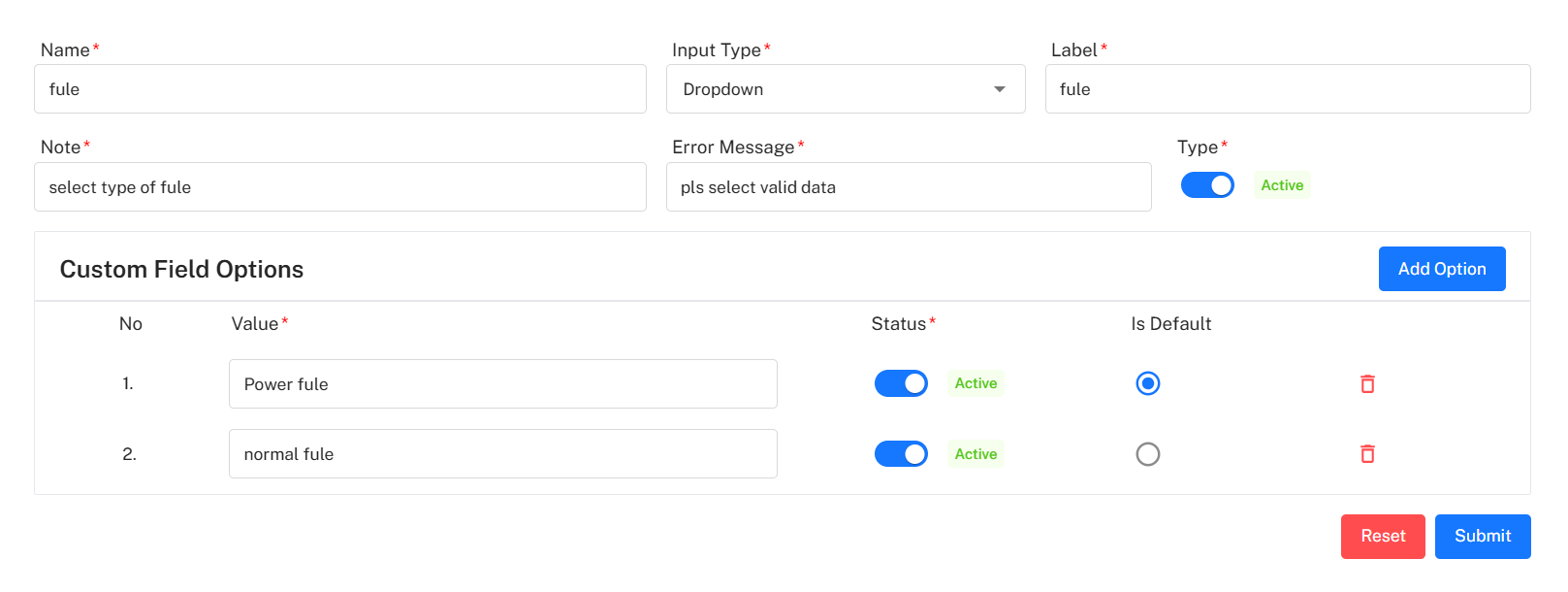 Dropdown Field with Options