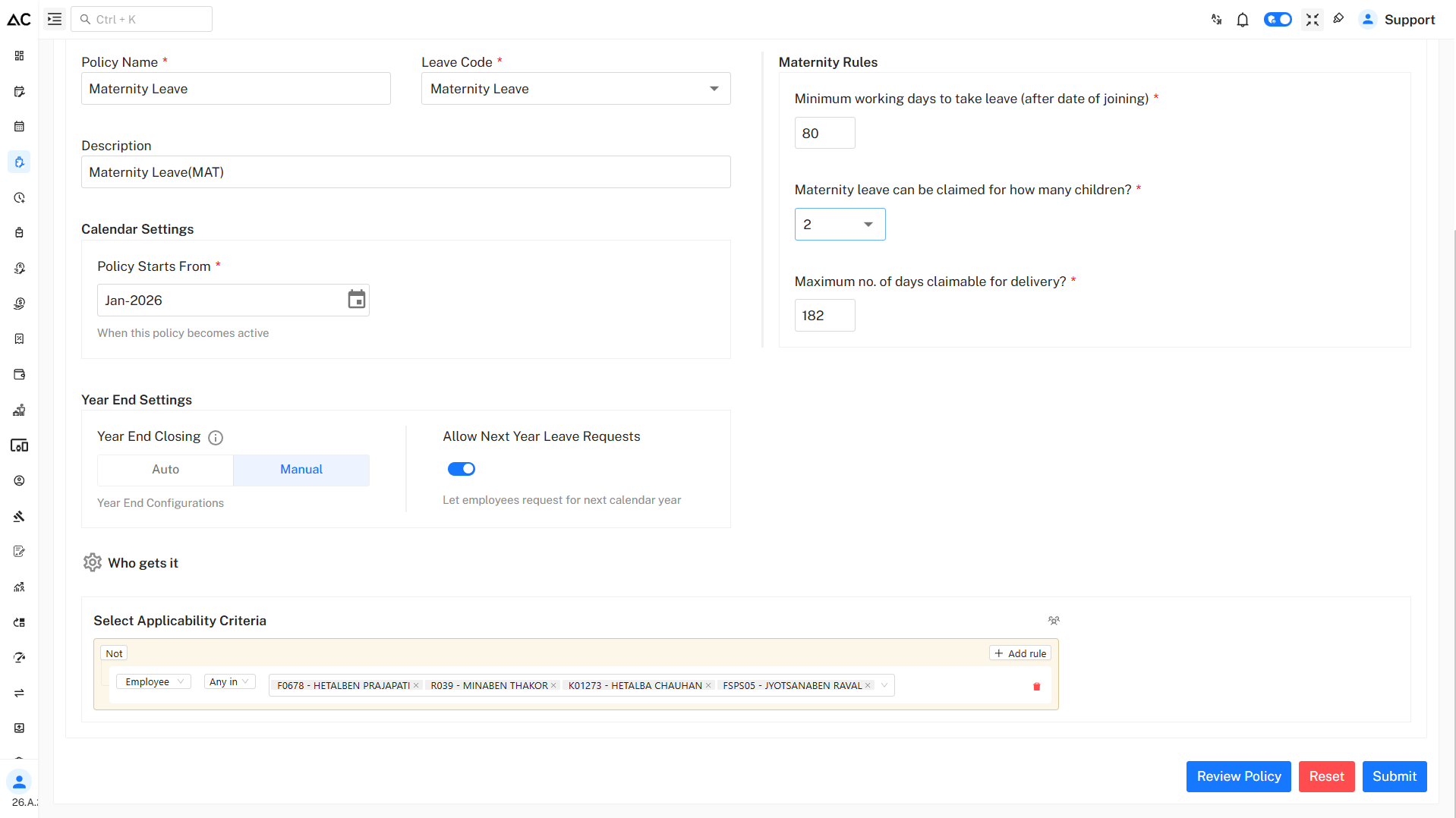Leave code Policy form