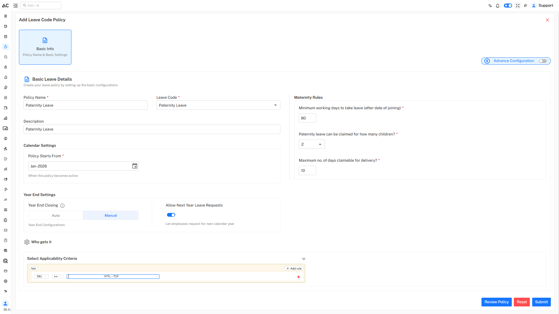 Leave code Policy form