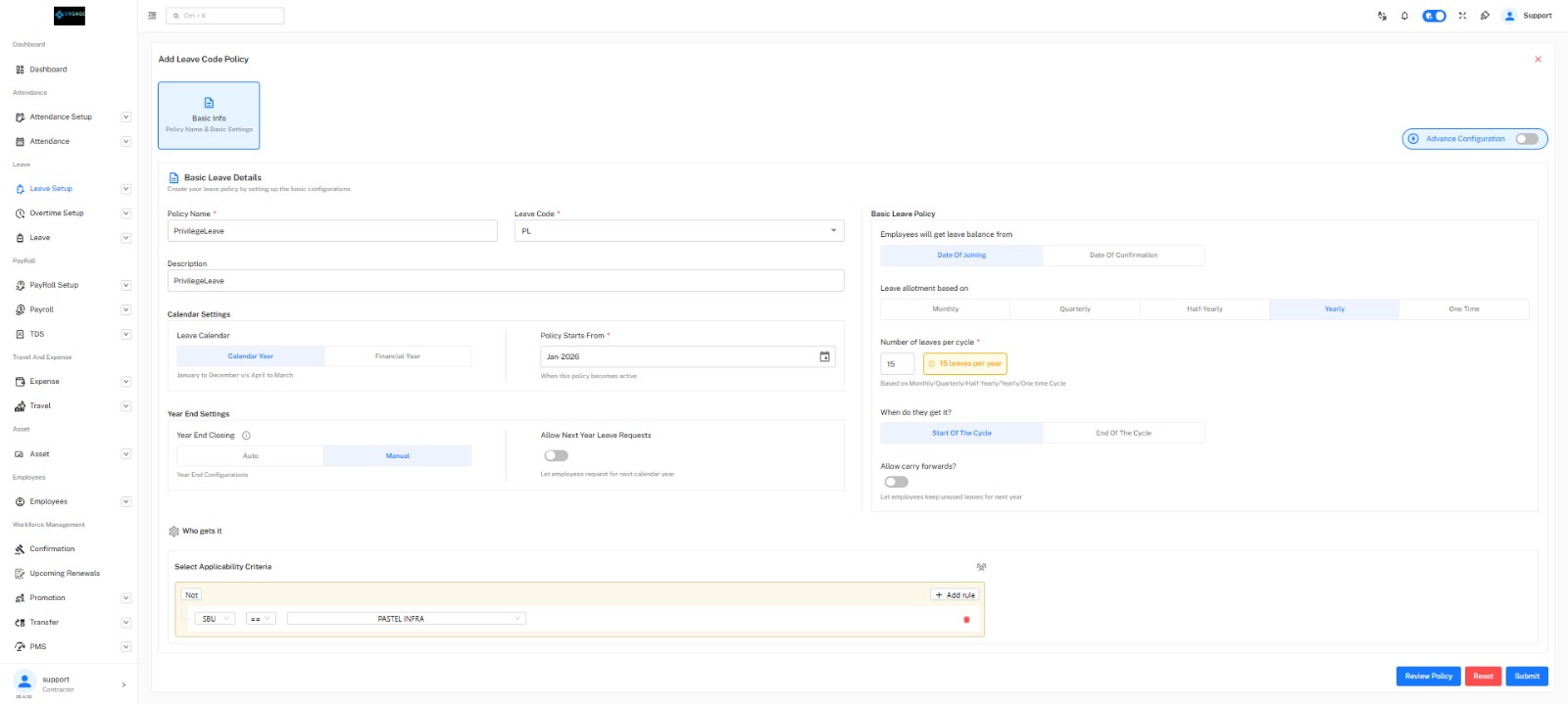 Leave Code Policy Form