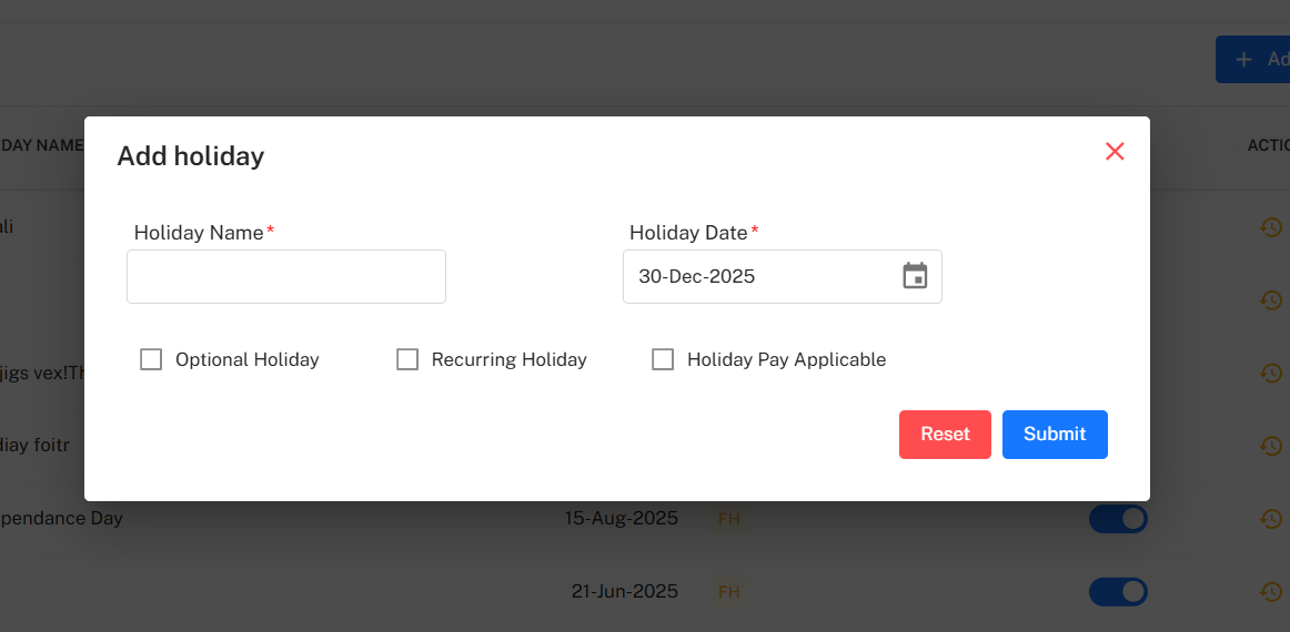 Add Holiday Form Placeholder