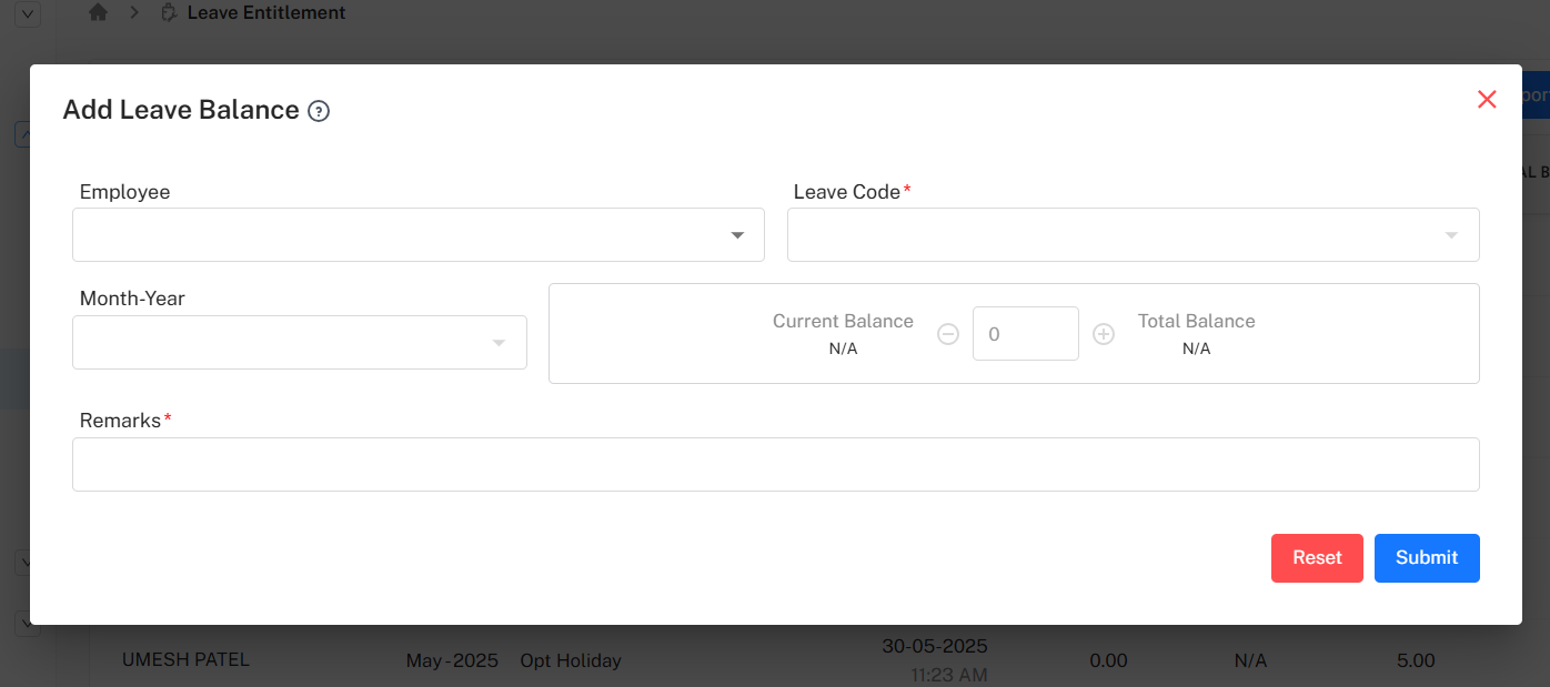 Add Leave Balance Form Placeholder
