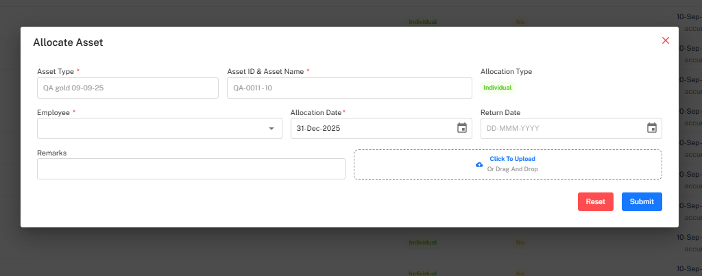 Allocate Asset Popup Placeholder