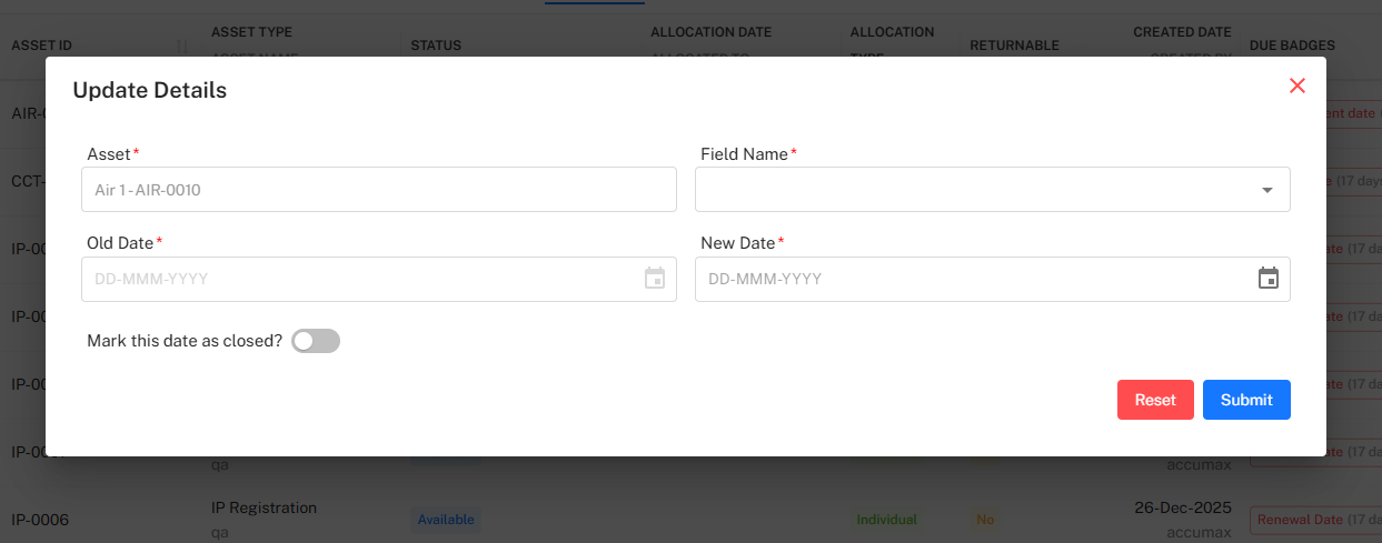 Update Details Popup