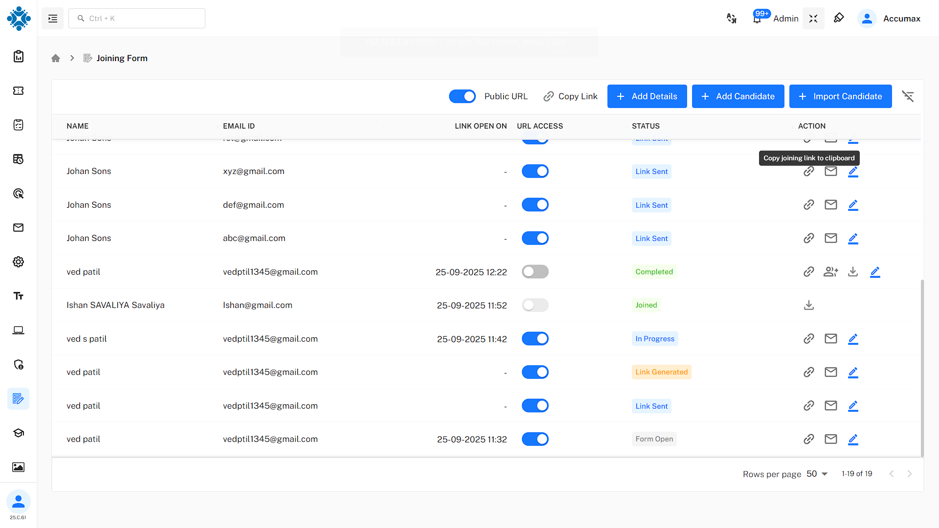 Joining Form Admin Dashboard