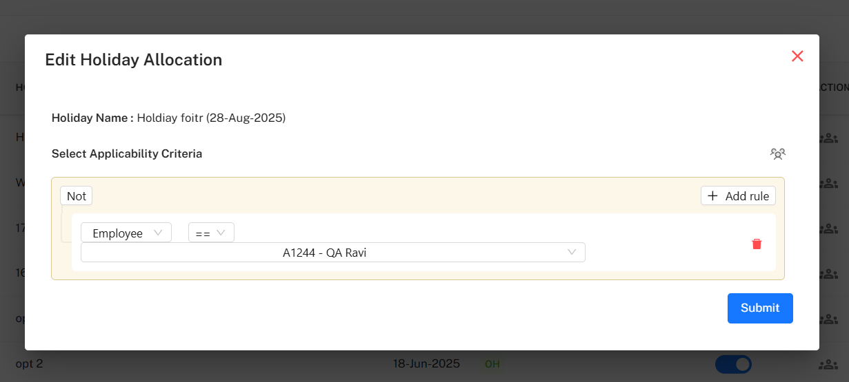 Edit Holiday Allocation Placeholder