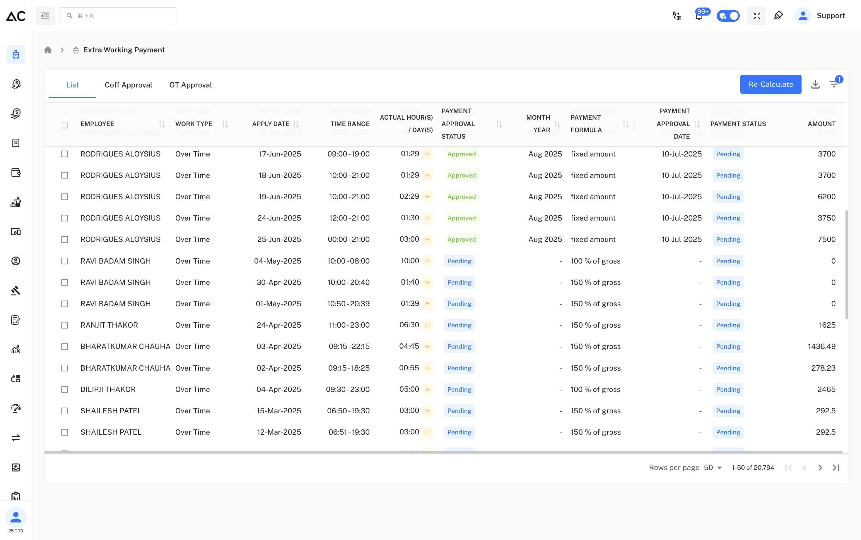 Extra Working Payment List