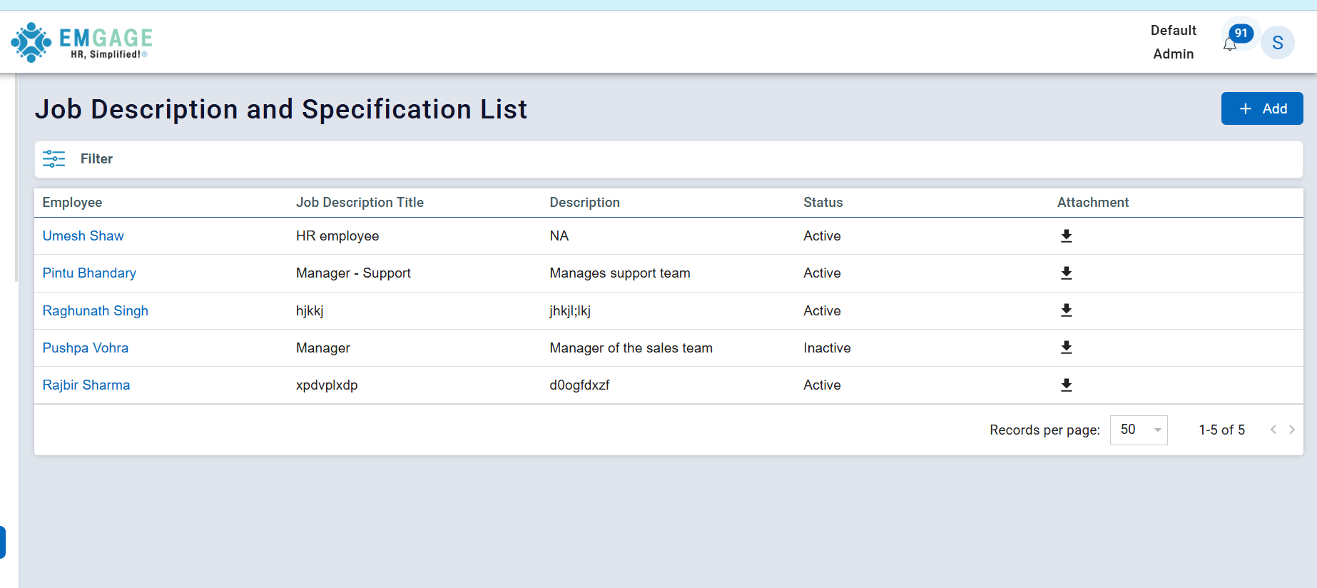 Job Description List Page