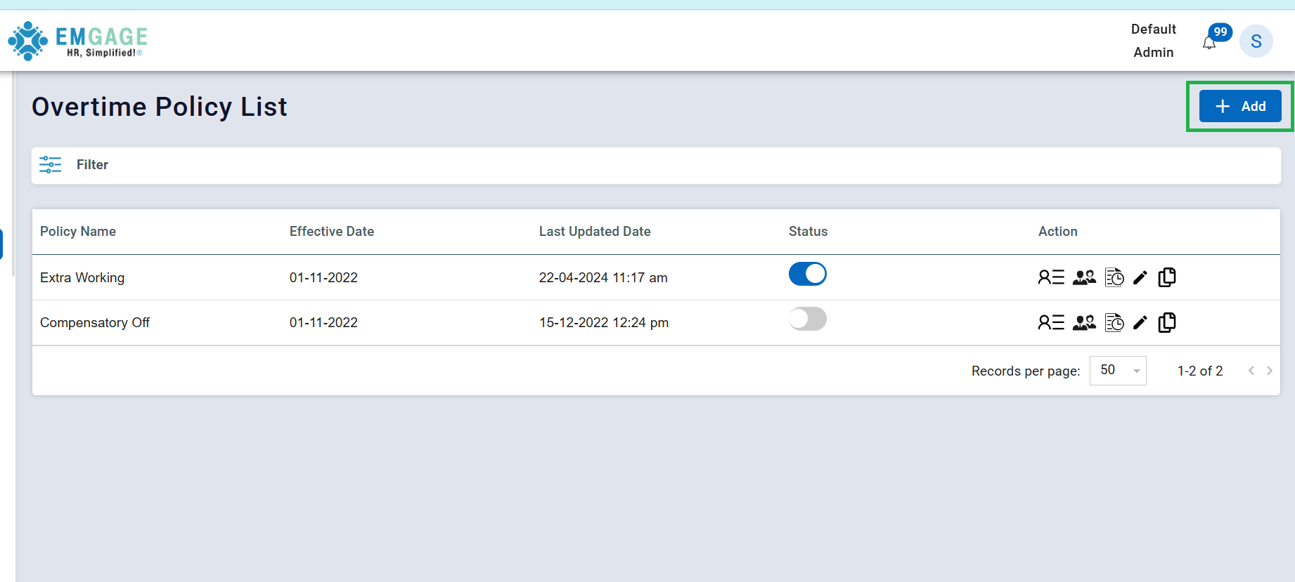 Overtime Policy List Screen