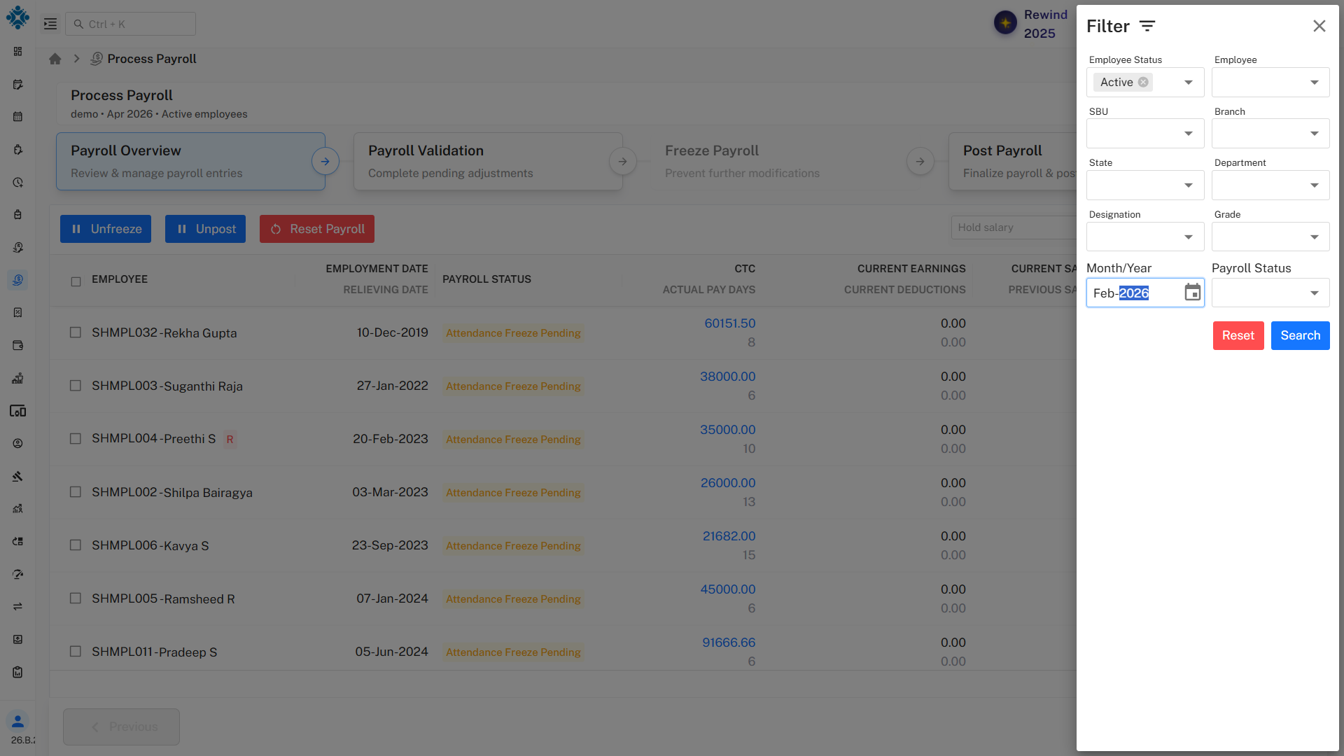 Process Payroll Filter