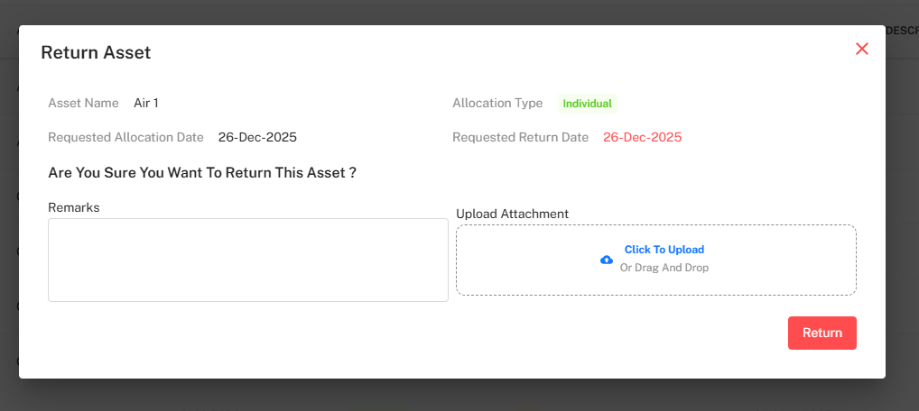 Return Asset Request Popup Placeholder