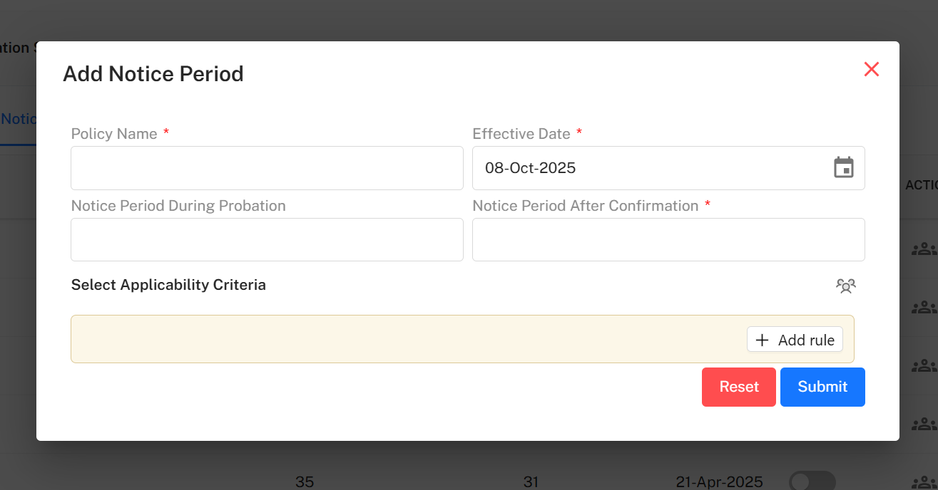 Add Notice Period Popup